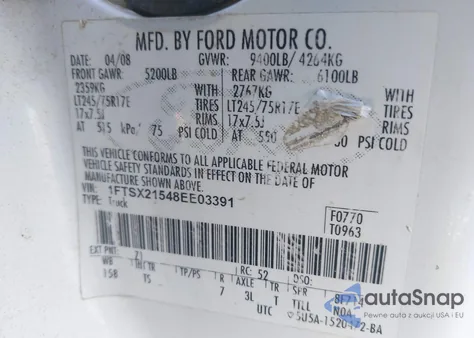 2008 Ford F250 Super Duty z USA, uszkodzony, nr VIN 1FTSX21548EE03391